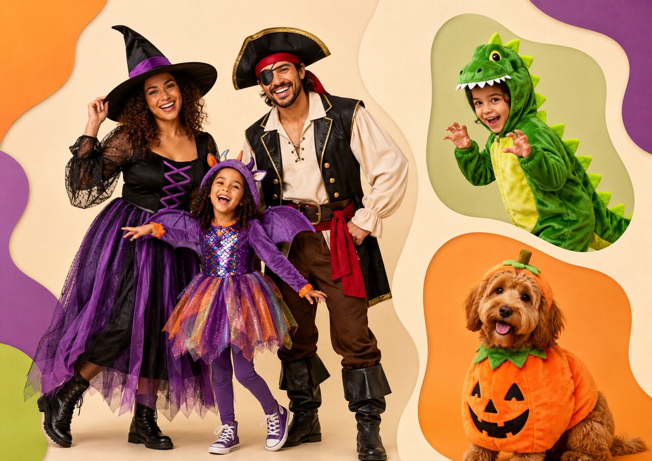 A family wearing playful Halloween costumes